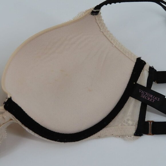 Victorias Secret 32D Very Sexy Push Up Bra Cream Lace Black Padded Underwire - Picture 11 of 16